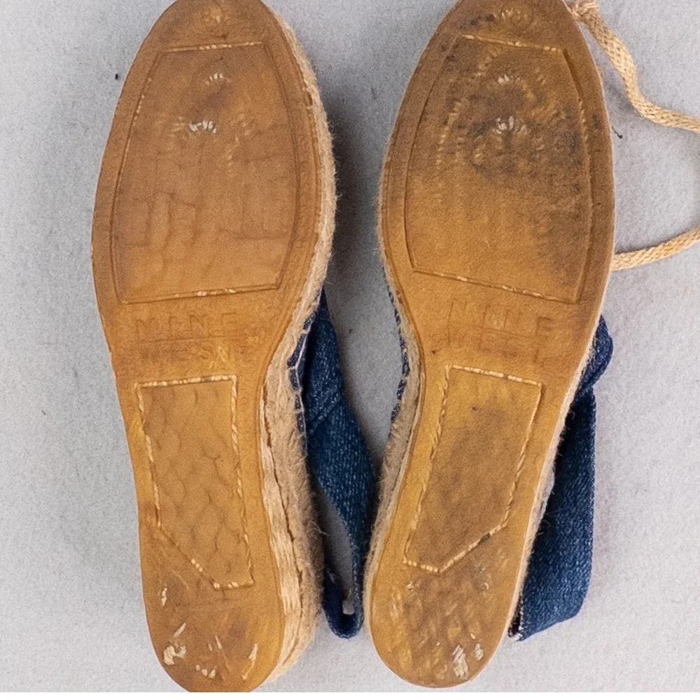 Vintage Nine West Denim Espadrille Platform Wedges Peep Toe Slingback Sandals